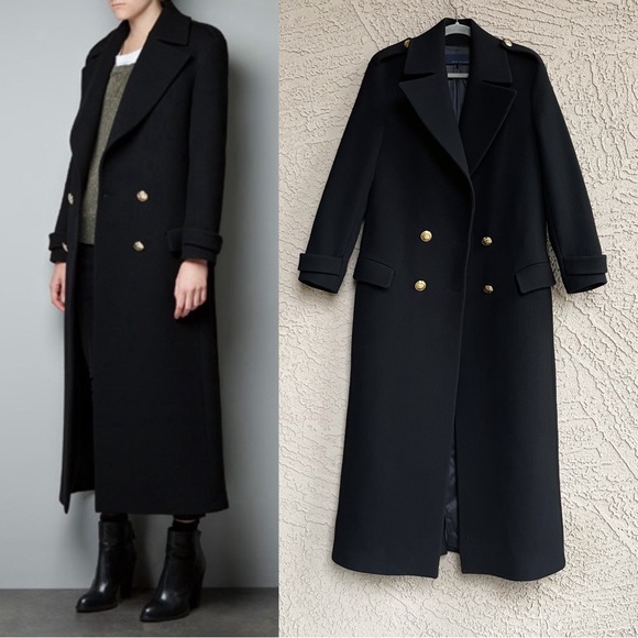 Zara Jackets & Blazers - ZARA WOMAN STUDIO Long Full-Length Black Double Breasted Wool Trench Coat
